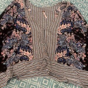 Free People Black and Blue Floral Striped Blouse